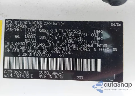 2007 Lexus Rx 350 from USA, damaged, VIN JTJGK31U170003900
